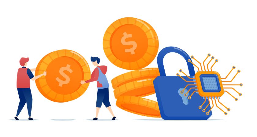 Tacks of coins sealed with chip padlocks represent security and protection technology advancements in banking services ensuring encryption and financial safety  Illustration
