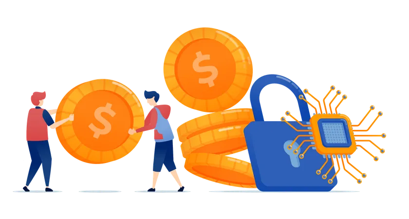 Tacks of coins sealed with chip padlocks represent security and protection technology advancements in banking services ensuring encryption and financial safety  Illustration
