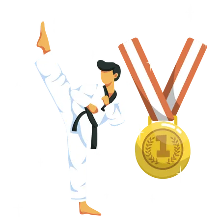 Athlete Judo Man Or Taekwondo With Chamption Trophy In Cartoon Character Vector Illustration Illustration
