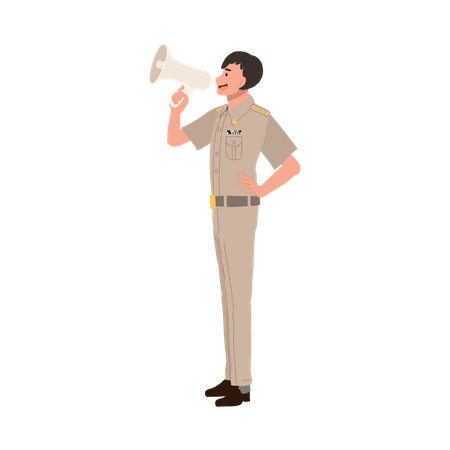 Oficial masculino tailandês do governo anunciando no megafone  Ilustração