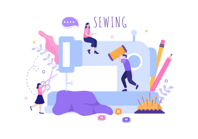 Tailor creating outfits on Sewing machine Illustration