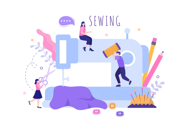 Tailor creating outfits on Sewing machine Illustration