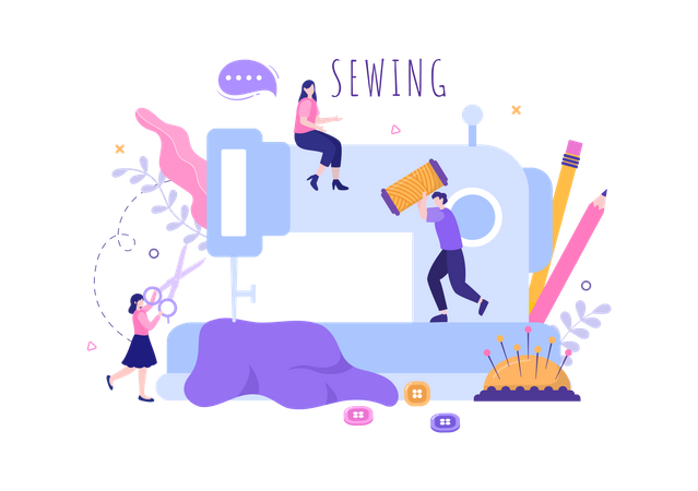 Tailor creating outfits on Sewing machine  Illustration