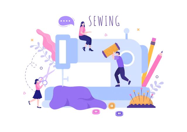 Tailor creating outfits on Sewing machine  Illustration