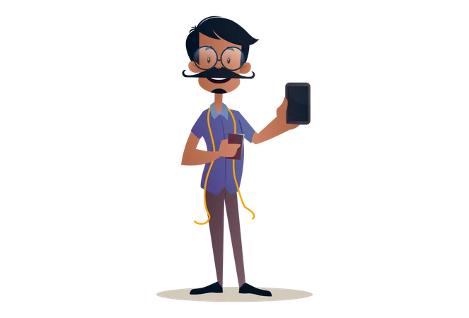 Tailor holding a mobile phone in hand for advertisement Illustration