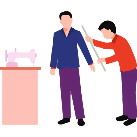 Tailor is measuring a boy's clothes  Illustration