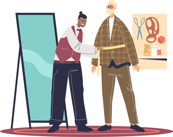Tailor Man Make Measurement Of Client With Measuring Tape For Sewing Bespoke Clothes Suit In Atelier Workshop Male Sewer Preparing For Tailoring Clothes Flat Vector Illustration Illustration