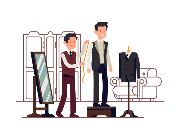 Tailor measuring client while he stands on fitting platform wearing unfinished suit  Illustration