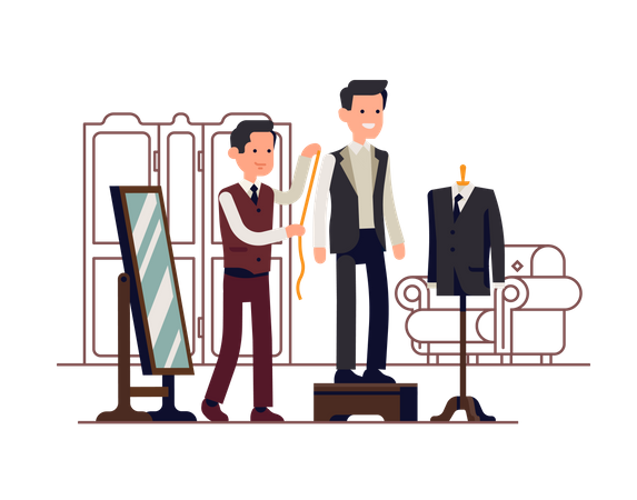 Tailor measuring client while he stands on fitting platform wearing unfinished suit  Illustration