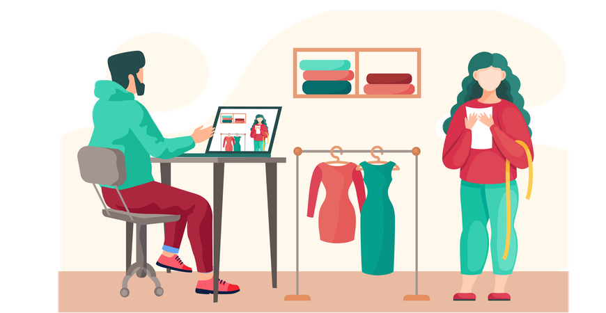Tailor picks up dress for girl according to her order while Woman waiting for dress for herself  Illustration