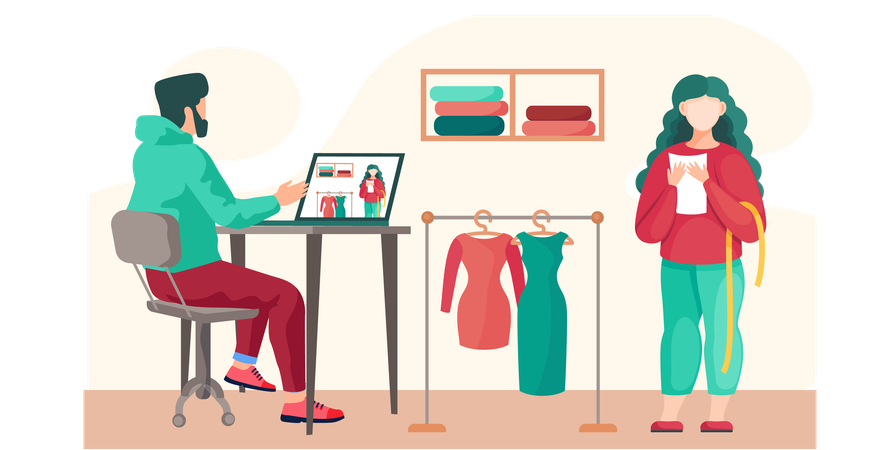 Tailor picks up dress for girl according to her order while Woman waiting for dress for herself  Illustration