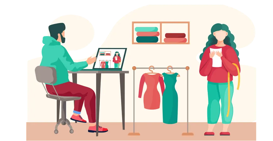 Tailor picks up dress for girl according to her order while Woman waiting for dress for herself  Illustration