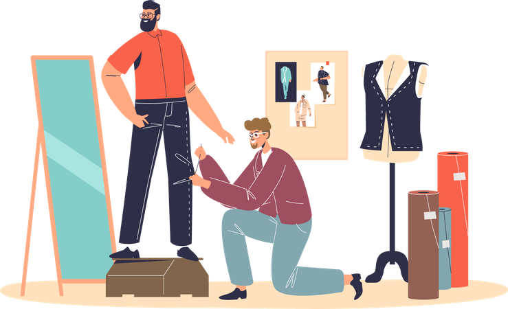 Tailor sewing pants on client Illustration