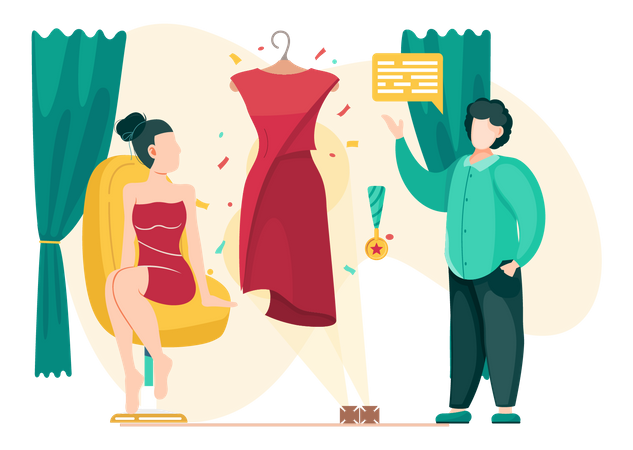 Tailor shows dress to buyer  Illustration
