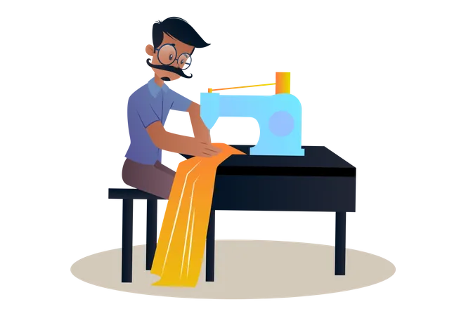 Tailor sitting on table and working on sewing machine Illustration