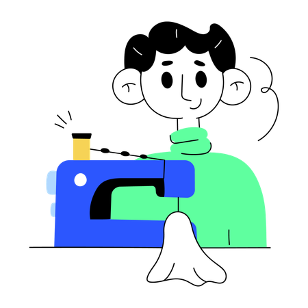 Tailor sitting on table and working on sewing machine  Illustration
