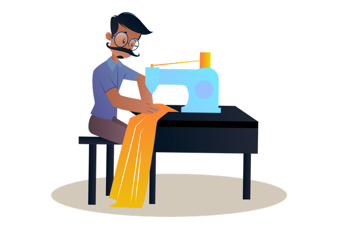 Tailor sitting on table and working on sewing machine  Illustration