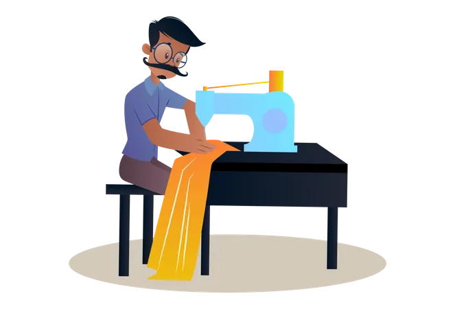 Tailor sitting on table and working on sewing machine  Illustration