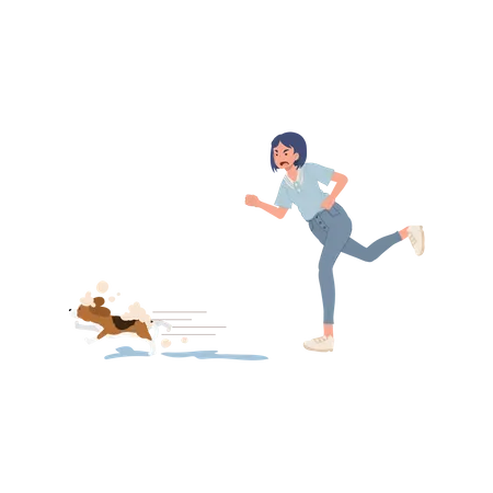 Run Away Dog With Bubbles Soap On His Back While The Owner Is Running Follow A Dog Escape From Take A Bath Flat Vector Cartoon Illustration 일러스트레이션