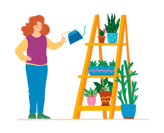 Take Care Of Indoor Plants Modern Colored Vector Poster On White Background With Girl Holding Watering Can And Moisturizing The Flowers Standing On A Wooden Ladder Gardening And Love For Nature Illustration