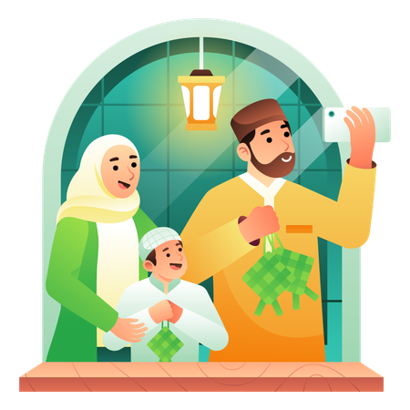 Taking a picture with family during Eid al-Fitr  イラスト