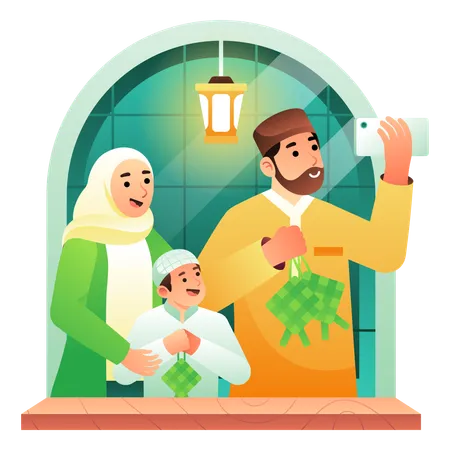 An Illustration Of Taking A Picture With Family During Eid Al Fitr イラスト