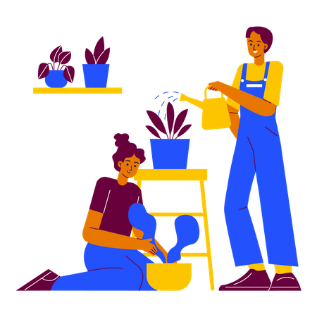 Taking care plants with friends  Illustration
