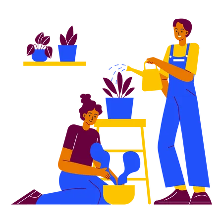 Taking care plants with friends  Illustration