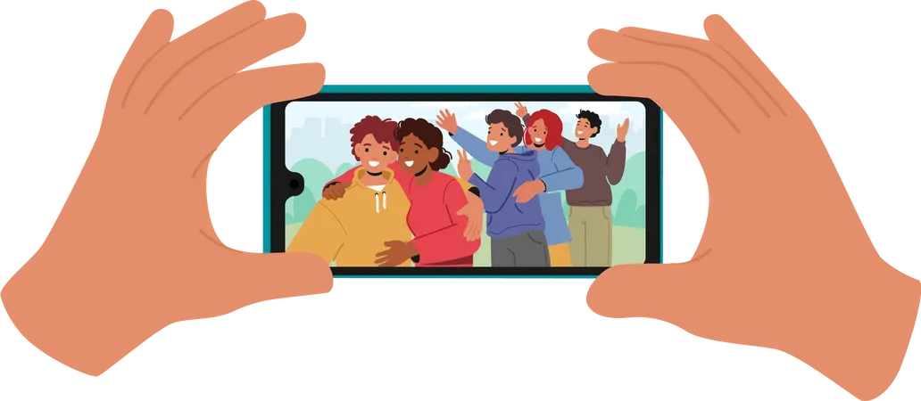 Human Hands Holding Smartphone With Picture Of Happy Teen Characters Company Posing For Photography Concept Of Selfie Friendship And Memory Photo Cartoon People Vector Illustration Illustration