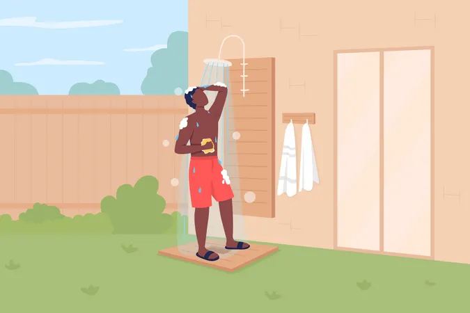 Taking shower in backyard Illustration