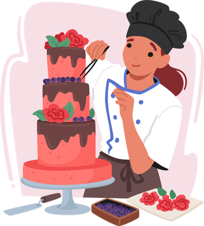 Talented cake decorator decorating cake  Illustration