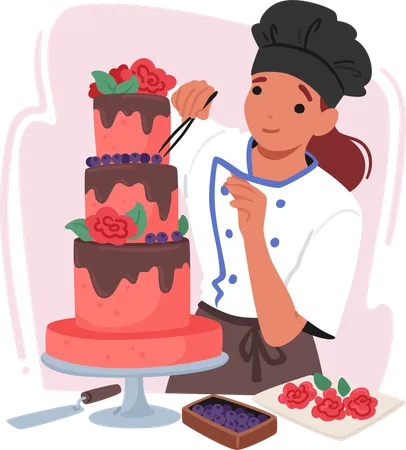 Talented cake decorator decorating cake  Illustration