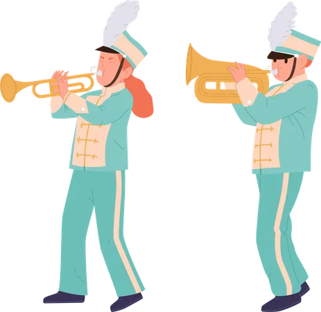 Talented Children Trumpeters Cartoon Characters Artist Of Military Music Orchestra Marching Isolated On White Background Parade Of Classical Musical Festival Victory Celebration Vector Illustration Illustration