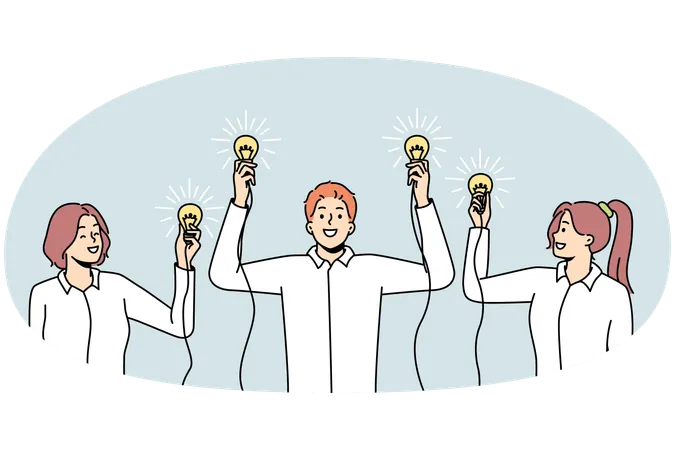 Talented creative people hold lit lightbulbs in hands  Illustration
