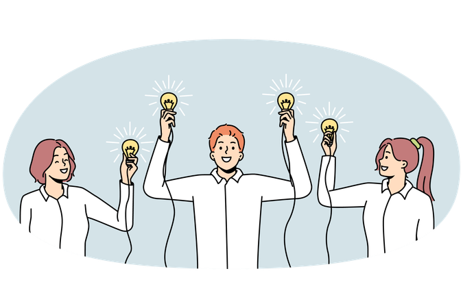 Talented creative people hold lit lightbulbs in hands  Illustration
