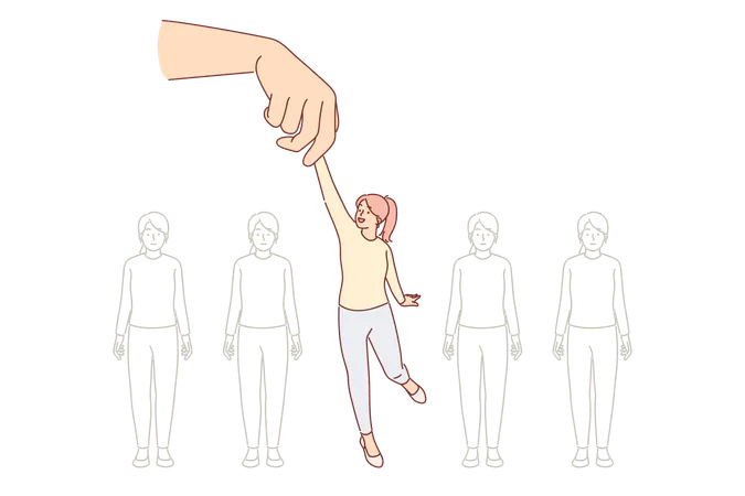 Giant Hand Raises Woman Choosing One Person From Crowd For Concept Recruiting And Talents Search Selection Business Personnel To Create Cohesive Team Of Talents And Leaders With Professional Skills Illustration