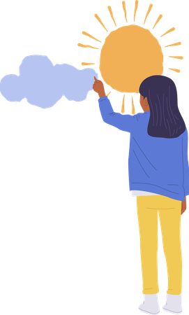 Talented girl painting sun and cloud on wall surface  Illustration