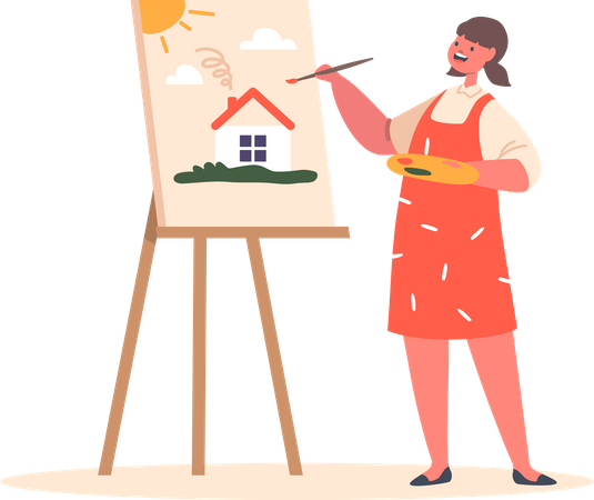 Talented Little Girl Drawing In Art Workshop  Illustration