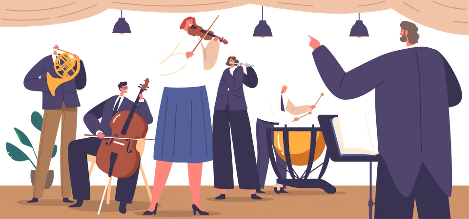 Talented Musicians Perform Classical Masterpieces On Stage With Conductor Captivating The Audience With Their Skillful Playing Classical Music During Performance Cartoon People Vector Illustration Illustration