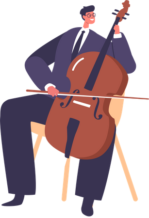 Talentoso personaje masculino de músico clásico mostrando su dominio del violonchelo en el escenario  Ilustración