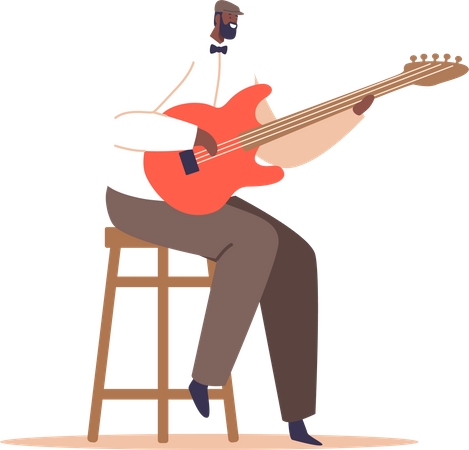 Músico negro talentoso tocando música jazz comovente na guitarra  Ilustração