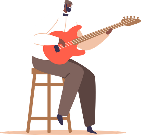 Talentoso músico negro interpretando música de jazz conmovedora en guitarra  Ilustración