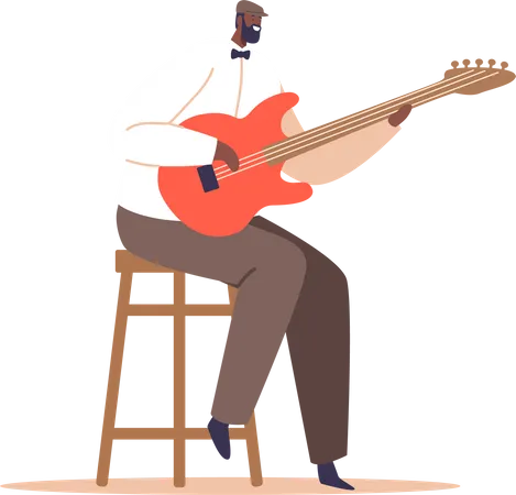 Talentoso músico negro interpretando música de jazz conmovedora en guitarra  Ilustración