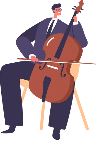 Personnage masculin talentueux de musicien classique présentant sa maîtrise du violoncelle sur scène  Illustration