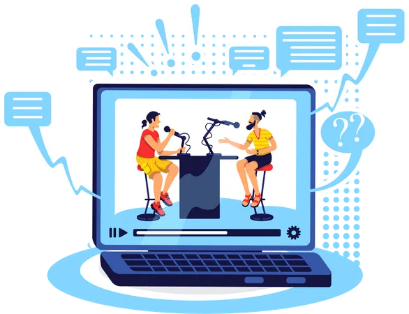 Talk Show Online Flat Concept Vector Illustration Stream Video With Computer Play Content On Laptop Podcast Hosts 2 D Cartoon Characters For Web Design Conversational Video Creative Idea Illustration