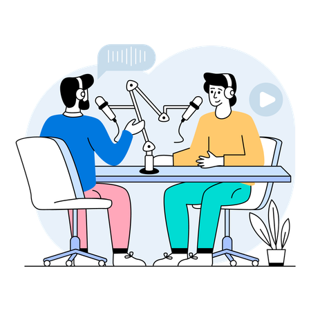 Talk-show-style podcast featuring celebrity interview  Illustration
