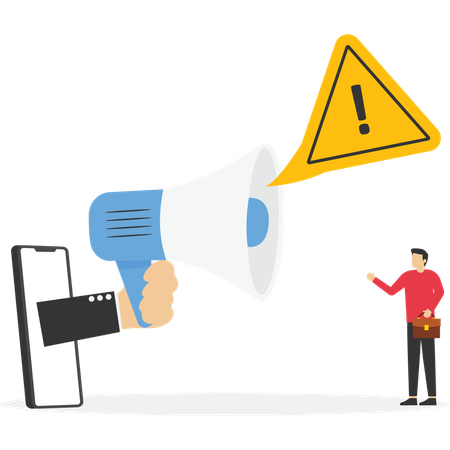 Talking message into loudspeaker incident with exclamation attention sign  Illustration