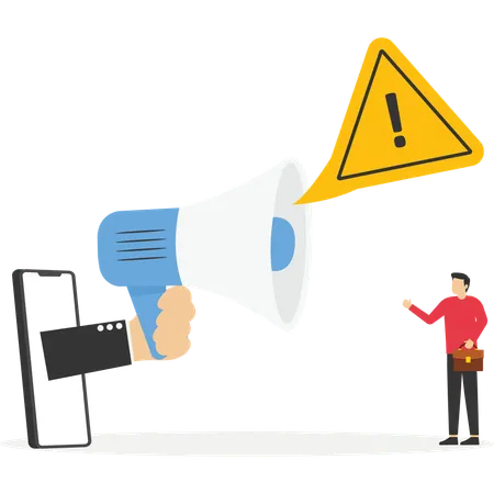 Talking message into loudspeaker incident with exclamation attention sign  Illustration