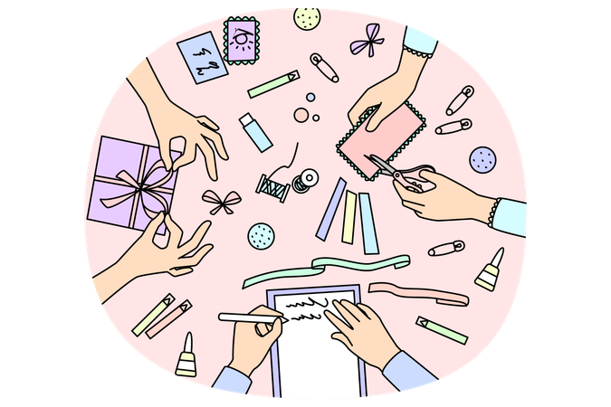 Manos trabajando en taller de artesanía  Ilustración