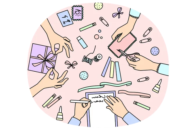 Manos trabajando en taller de artesanía  Ilustración
